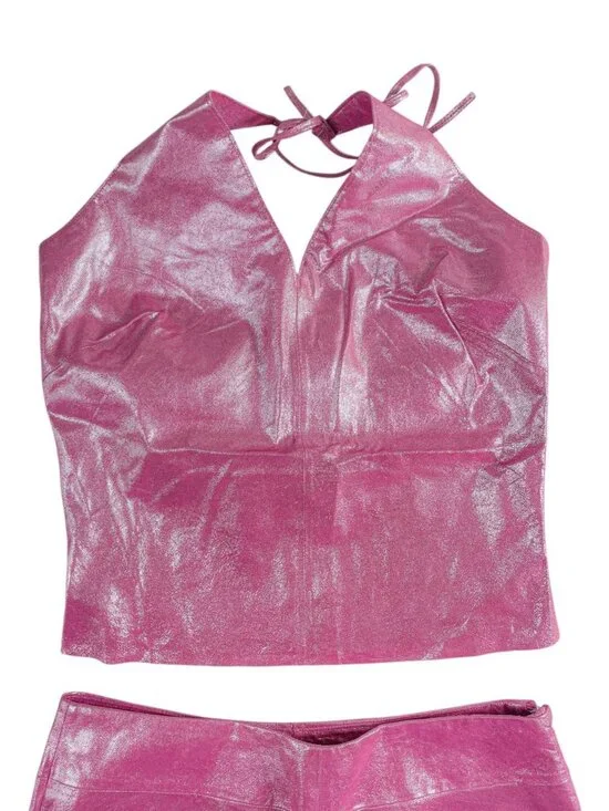 Rare Vintage Y2K Express Hot Pink 100% Leather Halter Top Skirt Set Sz XS Fest - Picture 7 of 16